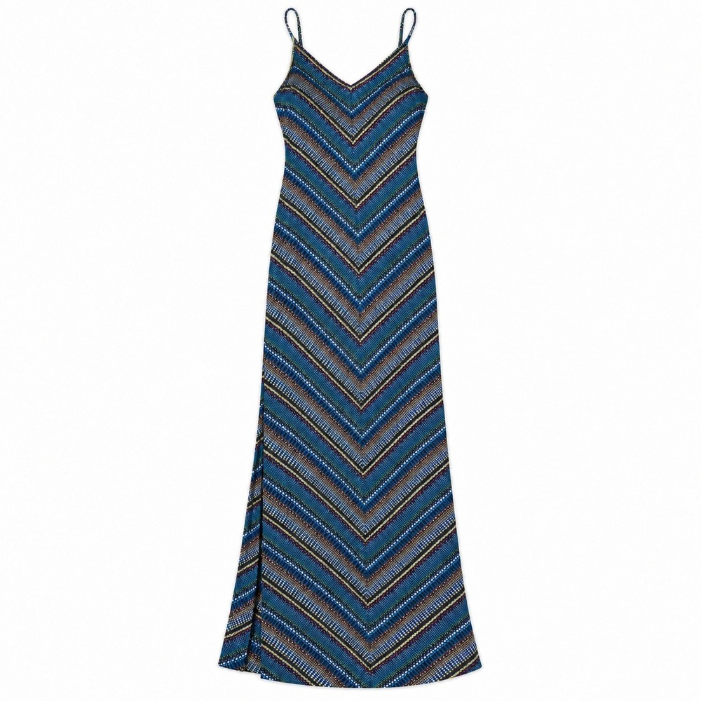 Gap Maxi Dress Women XS Blue Multi Chevron Geometric Dot Pockets Spaghetti Strap